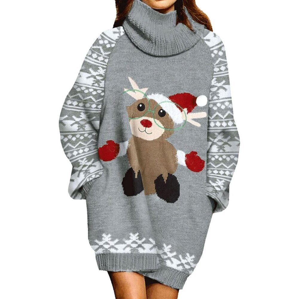 Women's Oversized Ugly Christmas Sweater Dress with Pockets Tribal Pattern